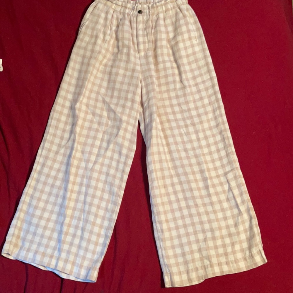 Lou & Grey beige gingham 100% linen wide leg pants